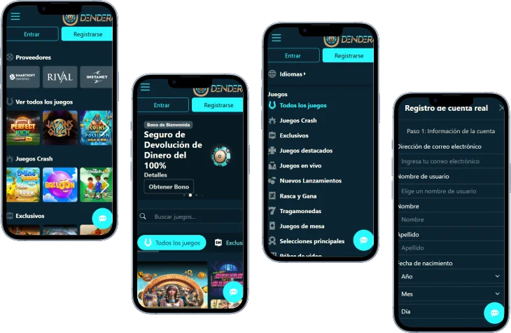 Dendera Casino Mobile Experience Dendera Casino versión móvil con menú, juegos y registro de cuenta